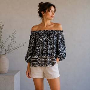 Madewell Black Silk Floral Off Shoulder Top Sm